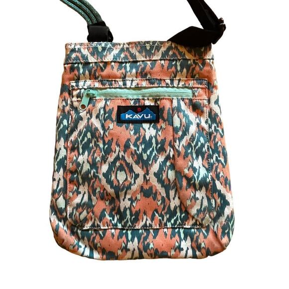 Kavu Shoulder crossbody purse. Teal rope handle. multi color ikat print!gorgeous - Picture 2 of 11